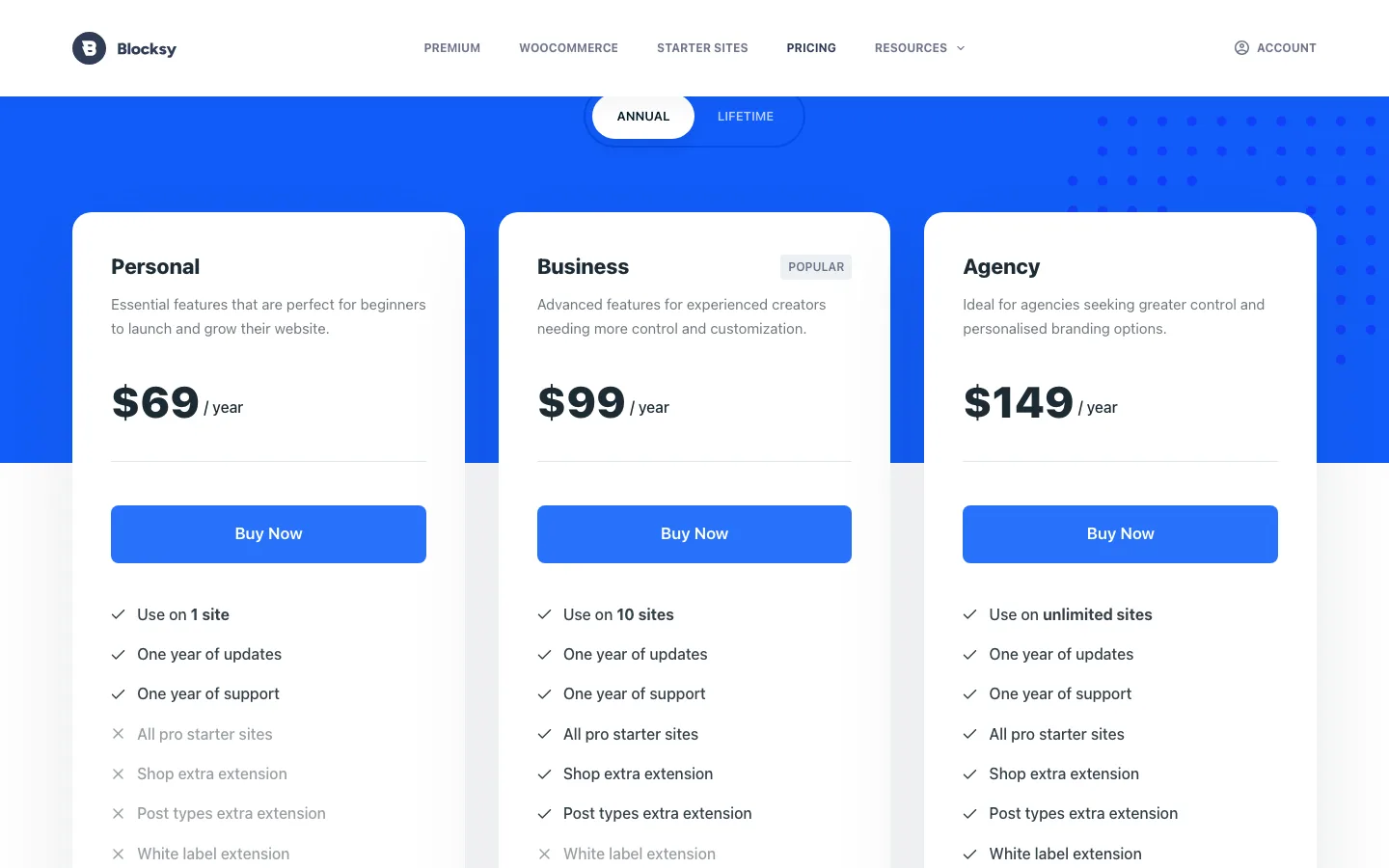 Blocksy Pro pricing cards on the Creative Themes site showing Personal at $69 a year, Business at $99 a year and Agency at $149 a year, with included and excluded features