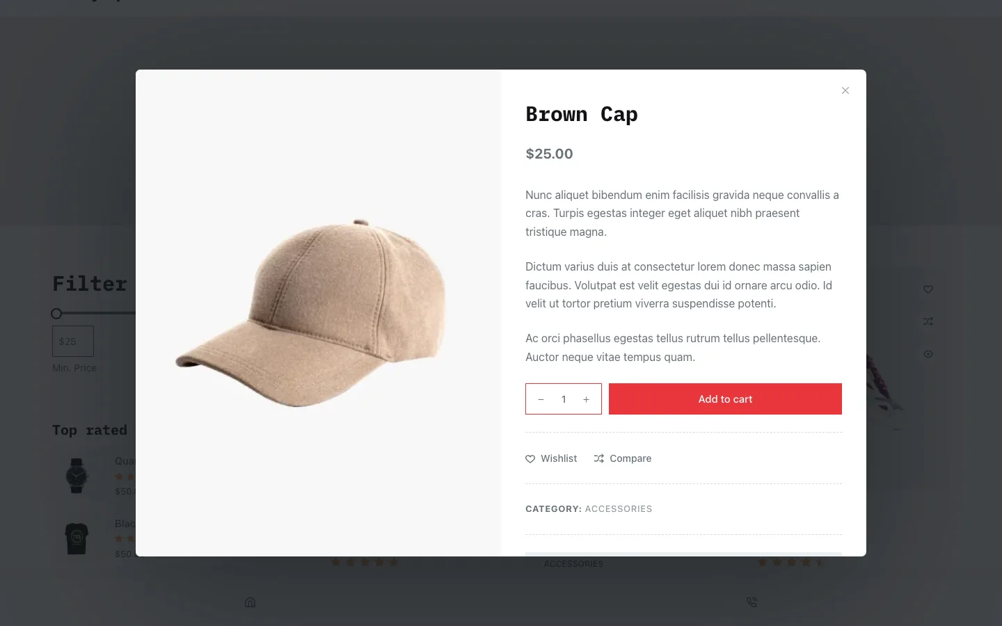 Brown Cap product open in Blocksy’s quick view pop-up with price, description, quantity, Add to cart, Wishlist and Compare