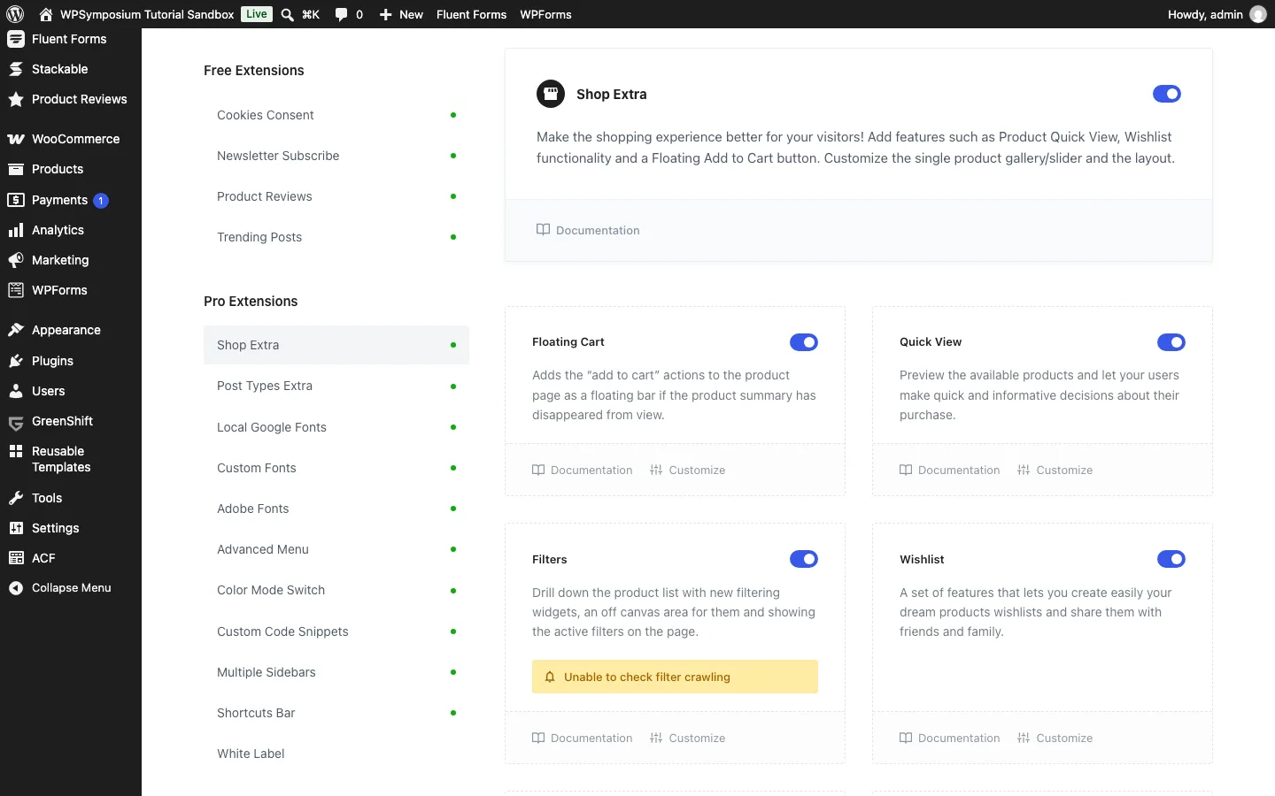 Blocksy Pro Extensions tab with the Shop Extra extension switched on and feature cards for Floating Cart, Quick View, Filters and Wishlist turned on