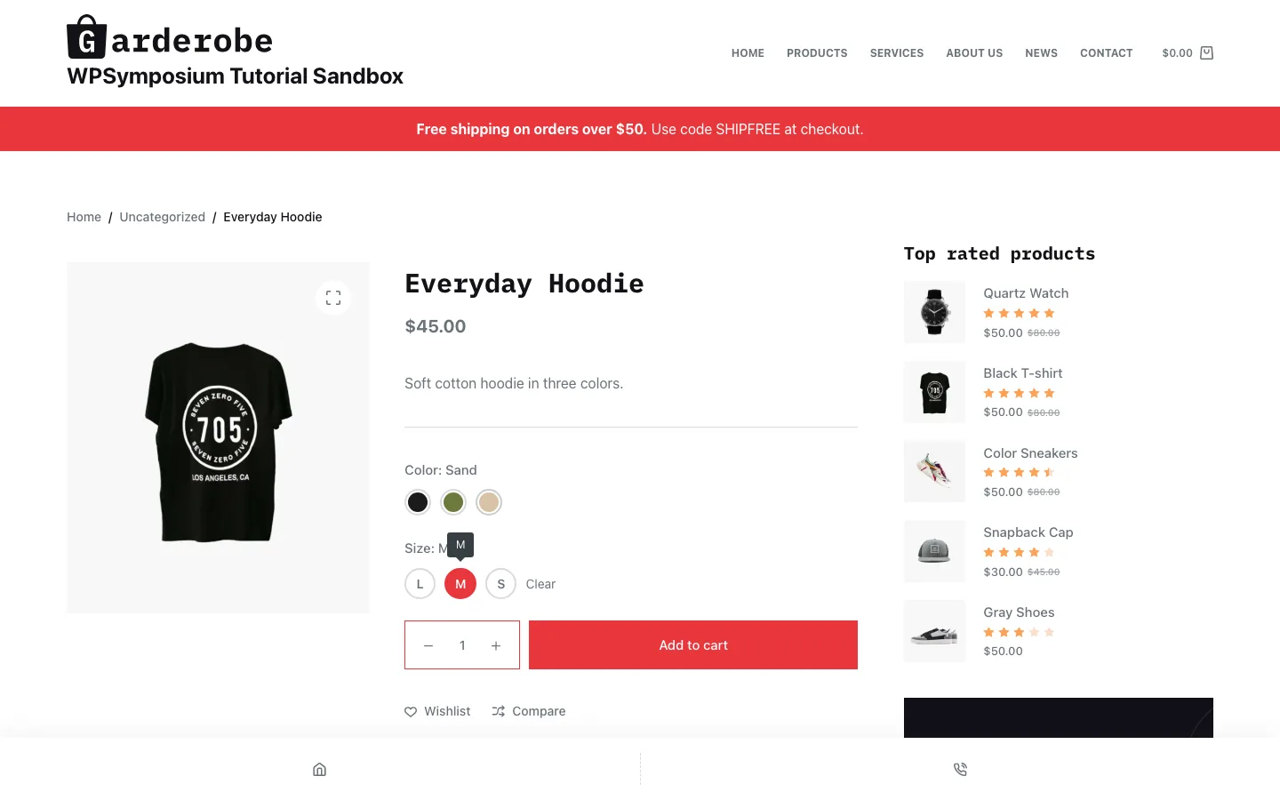 Everyday Hoodie product page on Blocksy Pro with round color swatches for black, olive and sand, size buttons with M selected, Wishlist and Compare links, the free shipping hook bar and a custom shop header
