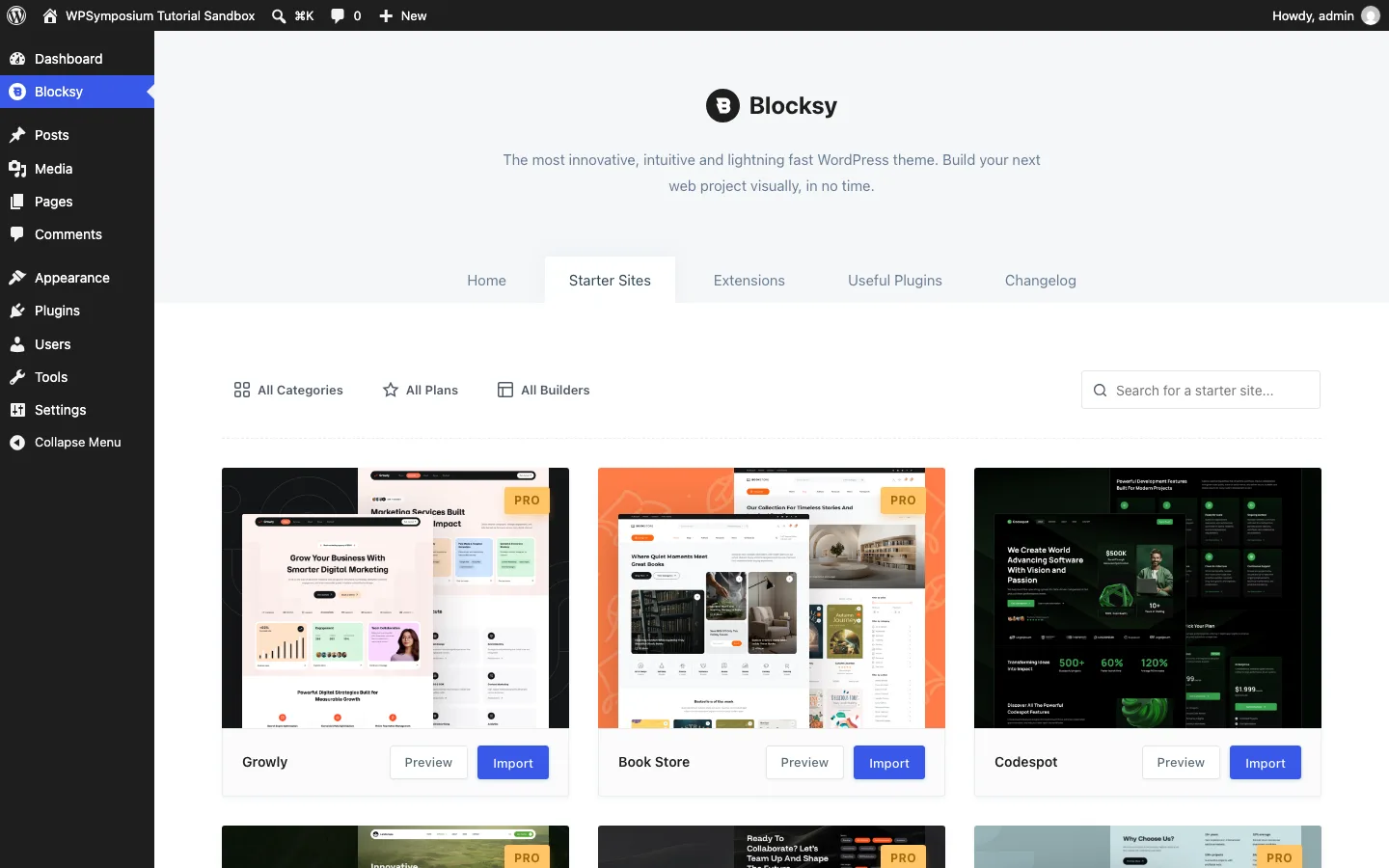 Blocksy Starter Sites tab with filters for categories, plans and builders, a search box, and cards for Growly and Book Store with PRO badges and the free Codespot