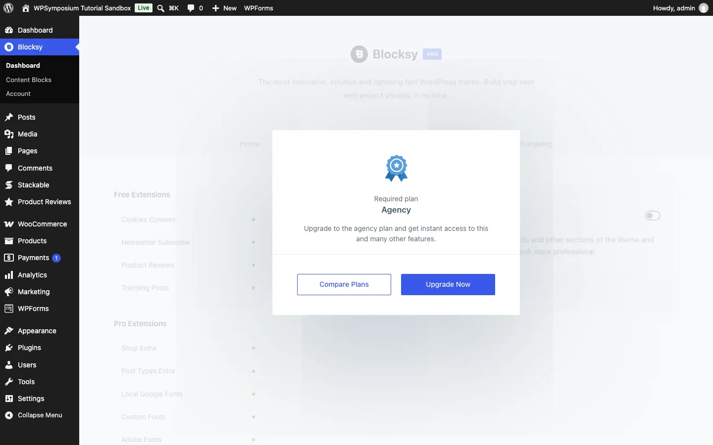 Blocksy dashboard showing a pop-up that says Required plan Agency with Compare Plans and Upgrade Now buttons after trying to enable White Label