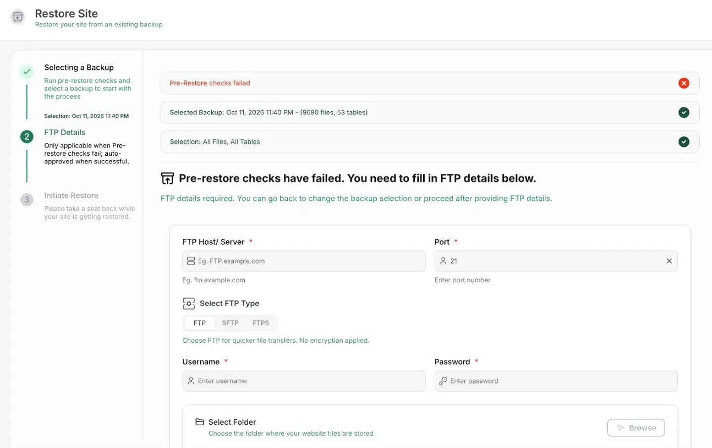 BlogVault restore screen after pre-restore checks failed on a site that would not load, asking for an FTP host, port, FTP, SFTP or FTPS type, username, password and site folder