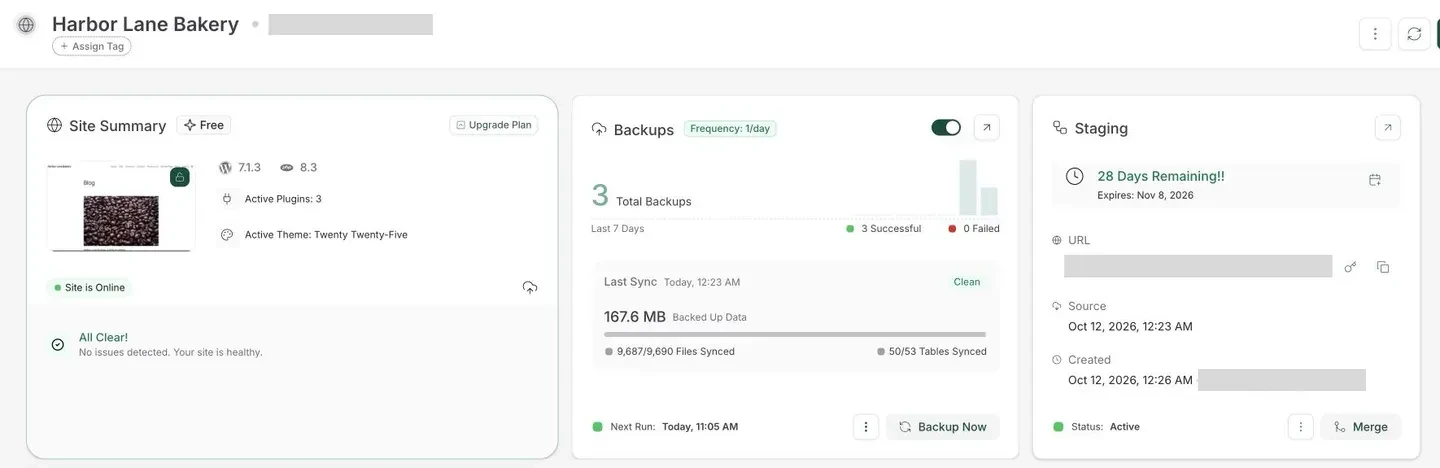 BlogVault site page for our test site with a Staging card showing 28 Days Remaining, expiry Nov 8, 2026, the source backup and creation times, Status Active and a Merge button, next to the Backups card with 3 successful backups and 167.6 MB backed up