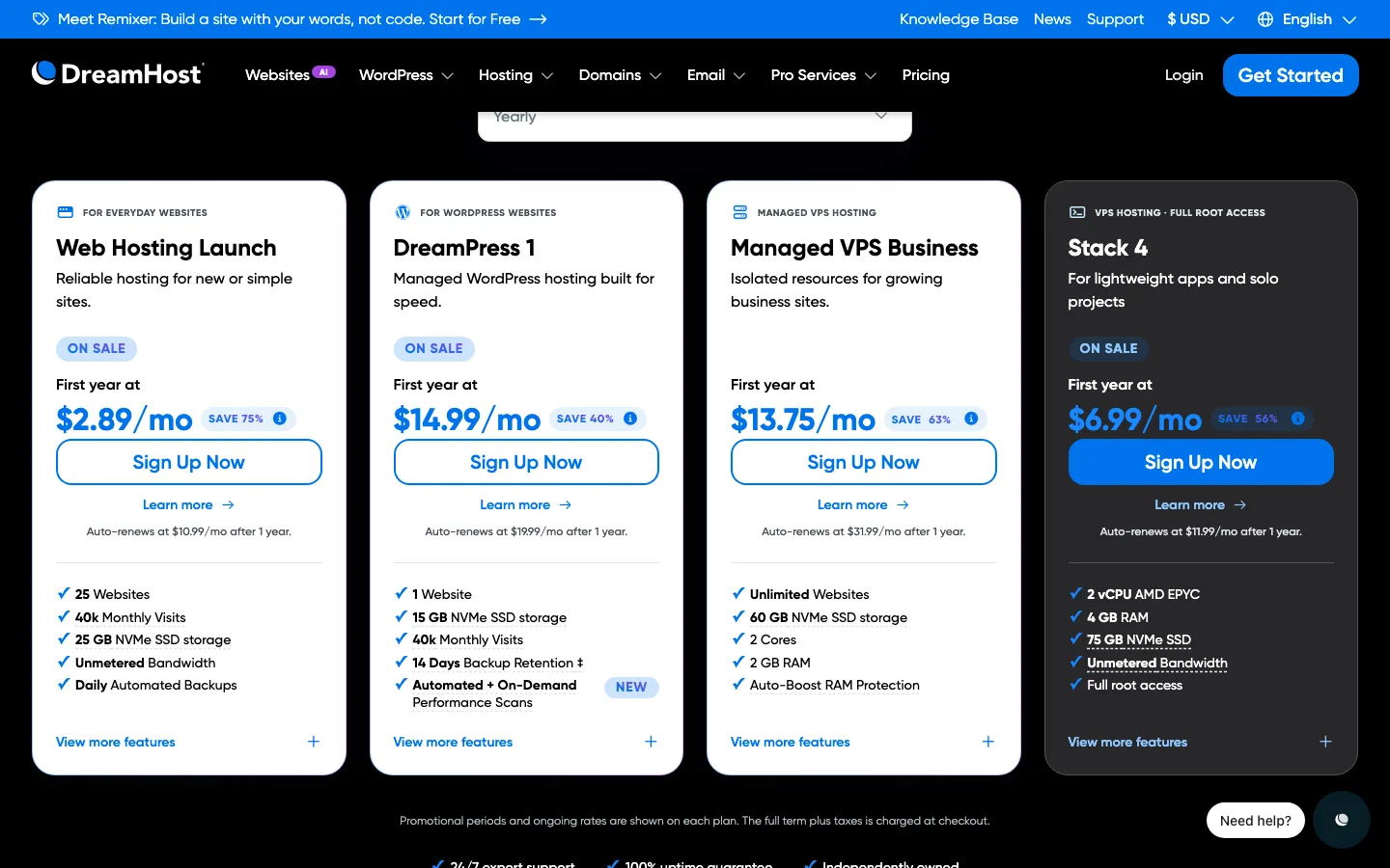 DreamHost plan cards on a yearly term: Web Hosting Launch at $2.89, DreamPress 1 at $14.99 and Managed VPS Business at $13.75 and Stack 4 at $6.99 a month for the first year, with auto-renew prices of $10.99, $19.99, $31.99 and $11.99