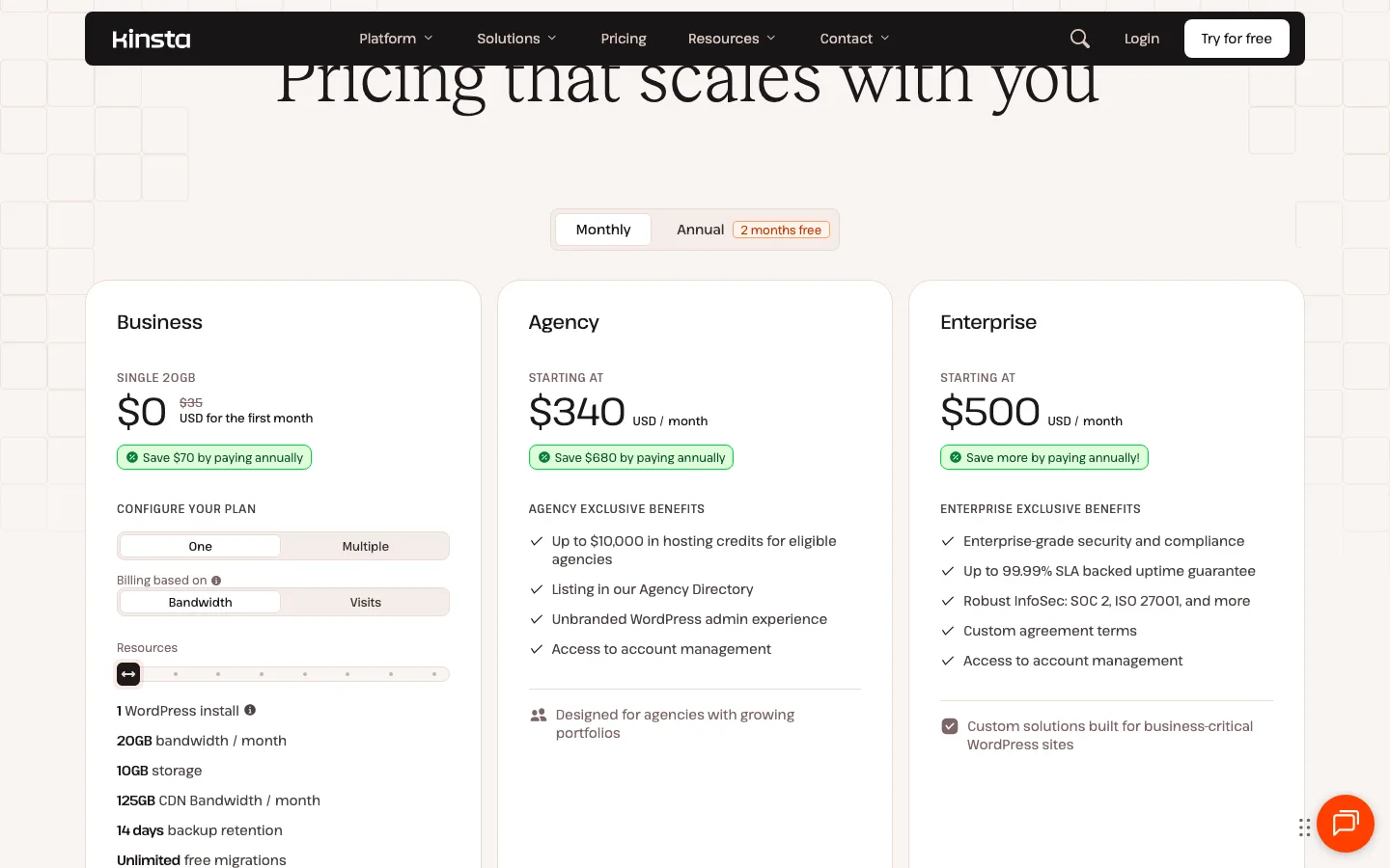 Kinsta pricing page on monthly billing: the Single 20GB plan at $0 for the first month and $35 after, with 10GB storage, 20GB bandwidth, 14 days of backups and unlimited free migrations