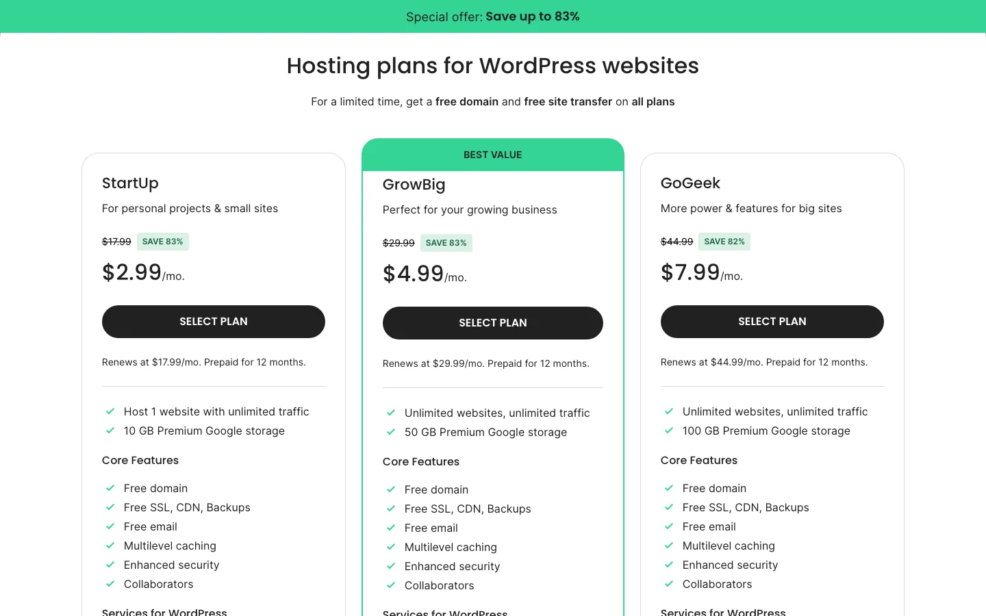 SiteGround WordPress plans StartUp, GrowBig and GoGeek at $2.99, $4.99 and $7.99 a month, renewing at $17.99, $29.99 and $44.99, each prepaid for 12 months