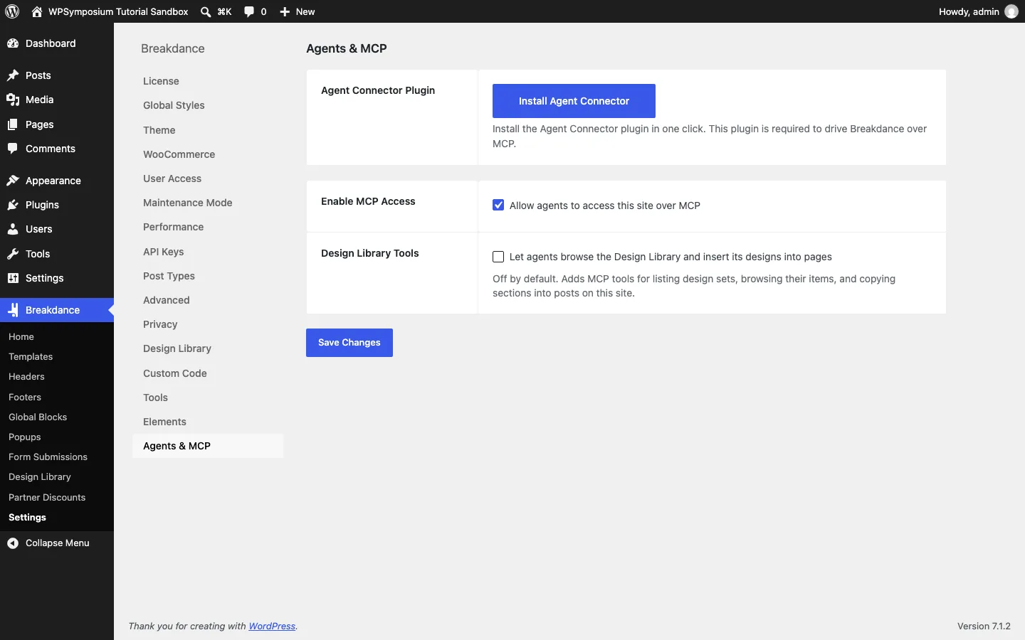 The Breakdance Agents and MCP settings page with an Install Agent Connector button, a ticked Allow agents to access this site over MCP option, and an unticked Design Library Tools option