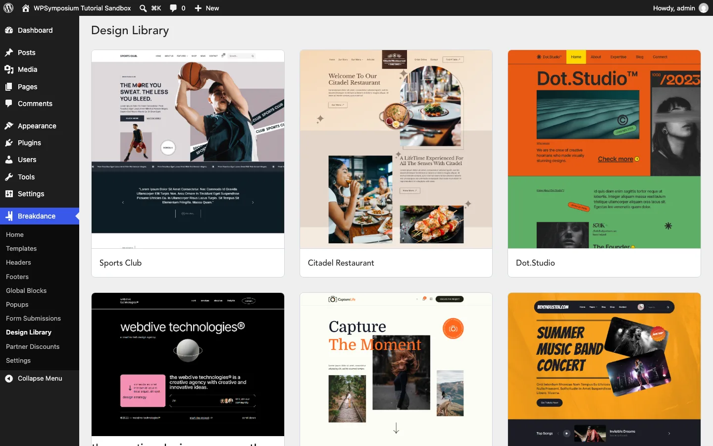 The Breakdance Design Library in wp-admin showing website designs named Sports Club, Citadel Restaurant, Dot.Studio, WebDive Technologies, CaptureLife and BeyondListen