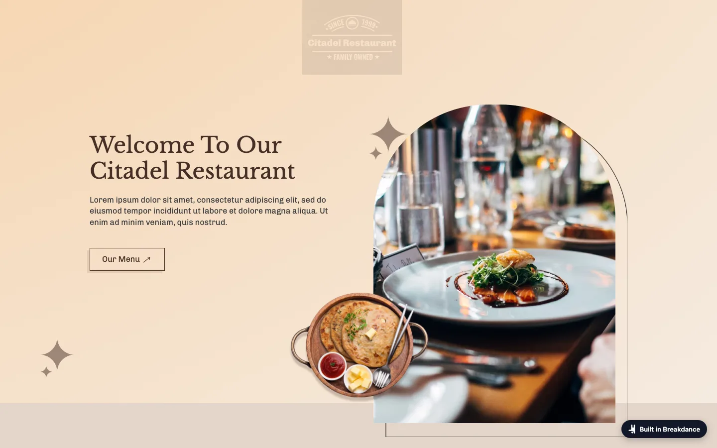 The same restaurant home page seen by a logged-out visitor, with the header logo and menu faded to a pale grey while the rest of the page looks normal