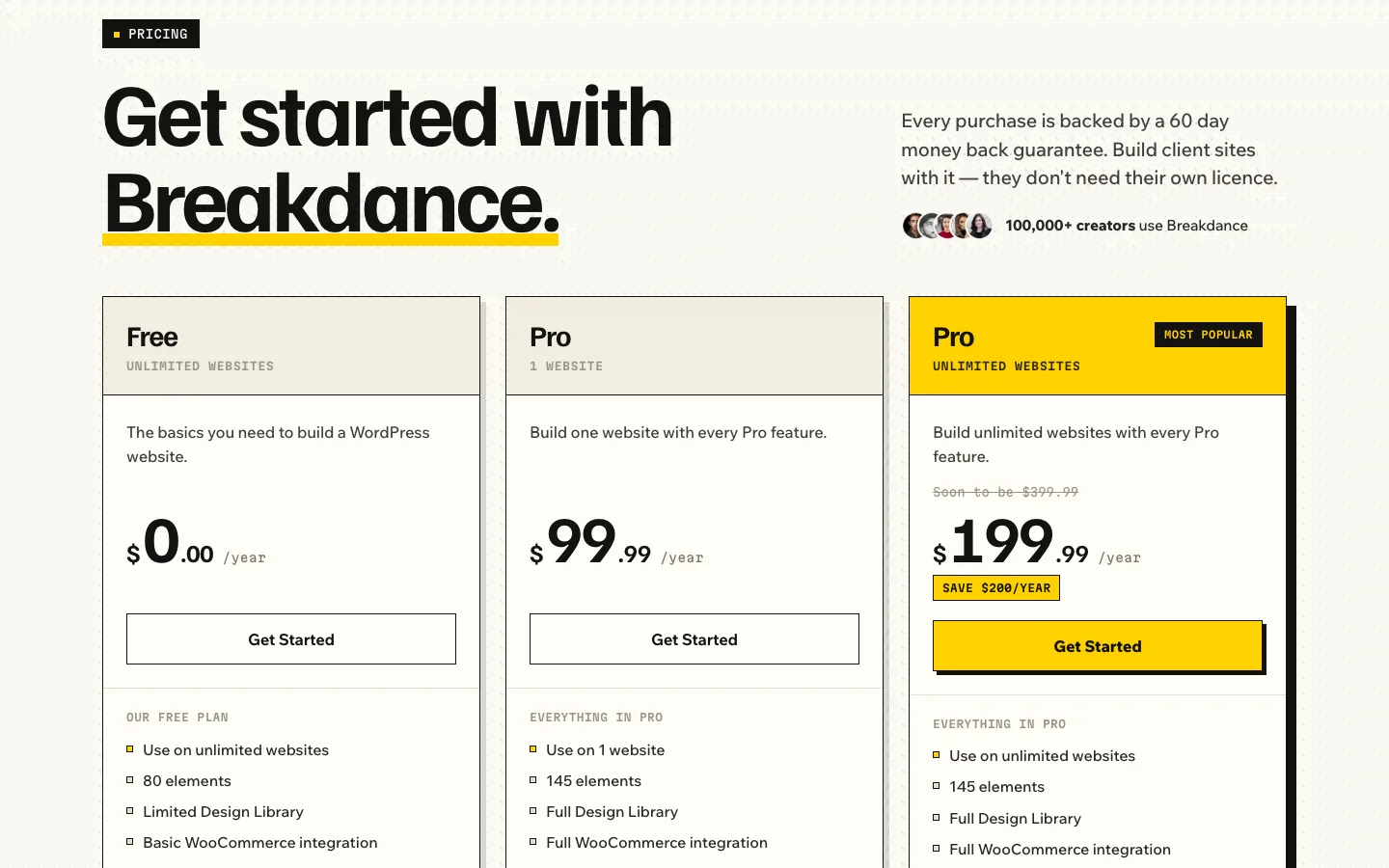 The Breakdance pricing page showing Free at $0 per year for unlimited websites, Pro at $99.99 per year for 1 website, and Pro at $199.99 per year for unlimited websites marked as soon to be $399.99