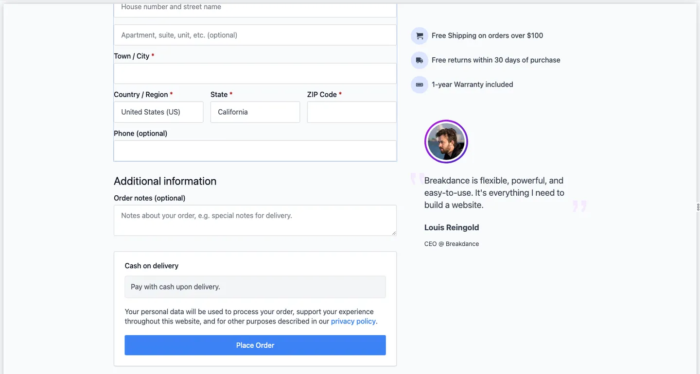 The Breakdance Checkout Builder template with billing fields, Cash on delivery and a Place Order button on the left, and on the right a demo icon list promising free shipping on orders over 100 dollars, free returns within 30 days and a 1-year warranty, above a testimonial from Louis Reingold, CEO at Breakdance, with his photo