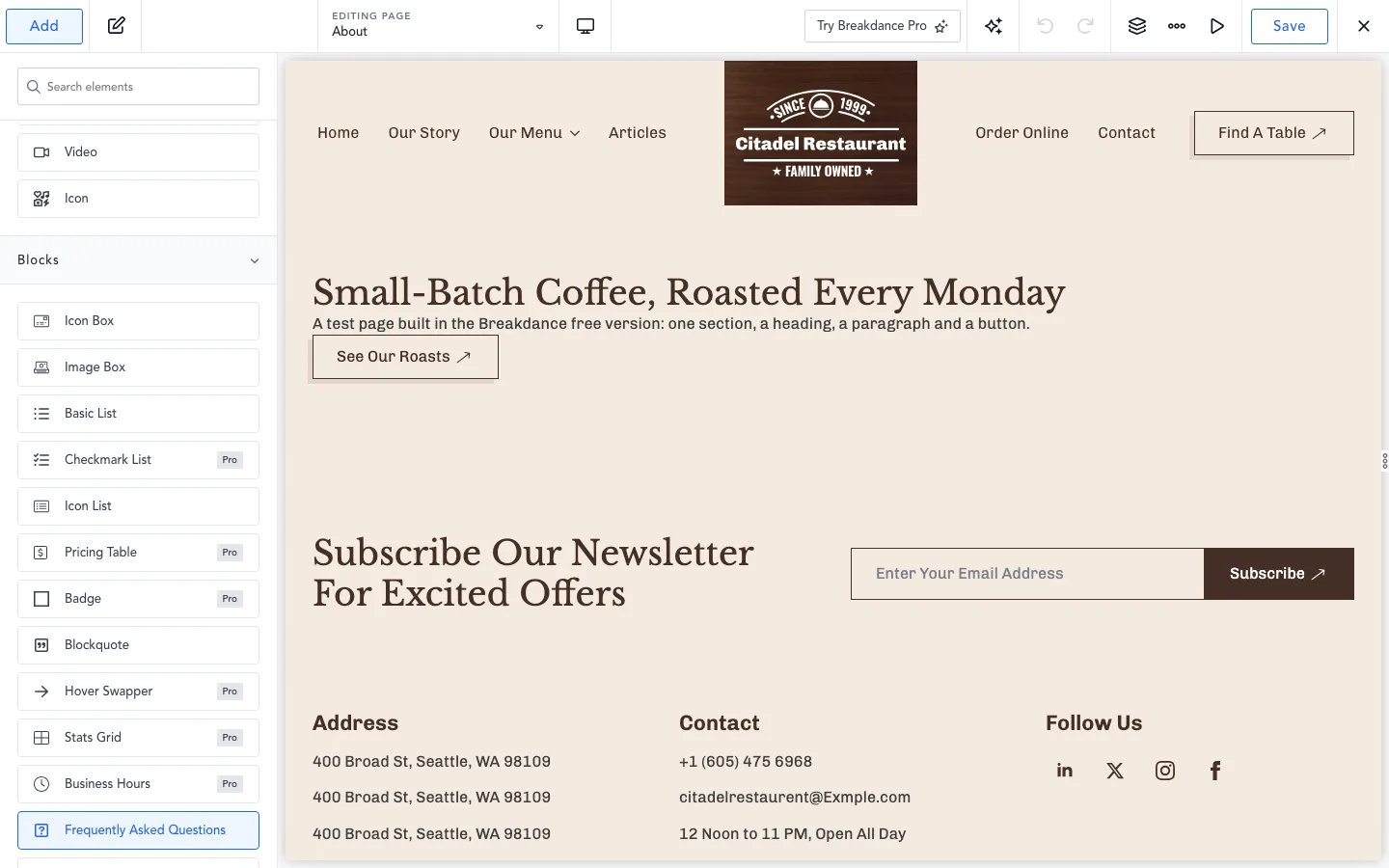 The Breakdance Add panel listing elements such as Checkmark List, Pricing Table, Badge, Hover Swapper, Stats Grid and Business Hours with grey Pro labels, next to the test page
