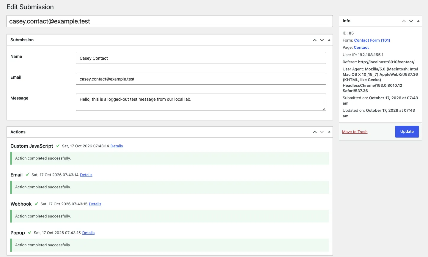 The Breakdance Edit Submission screen for a contact form entry from Casey Contact, with the visitor’s IP address, referer and browser listed in an Info box, and an Actions log showing Custom JavaScript, Email, Webhook and Popup each completed successfully