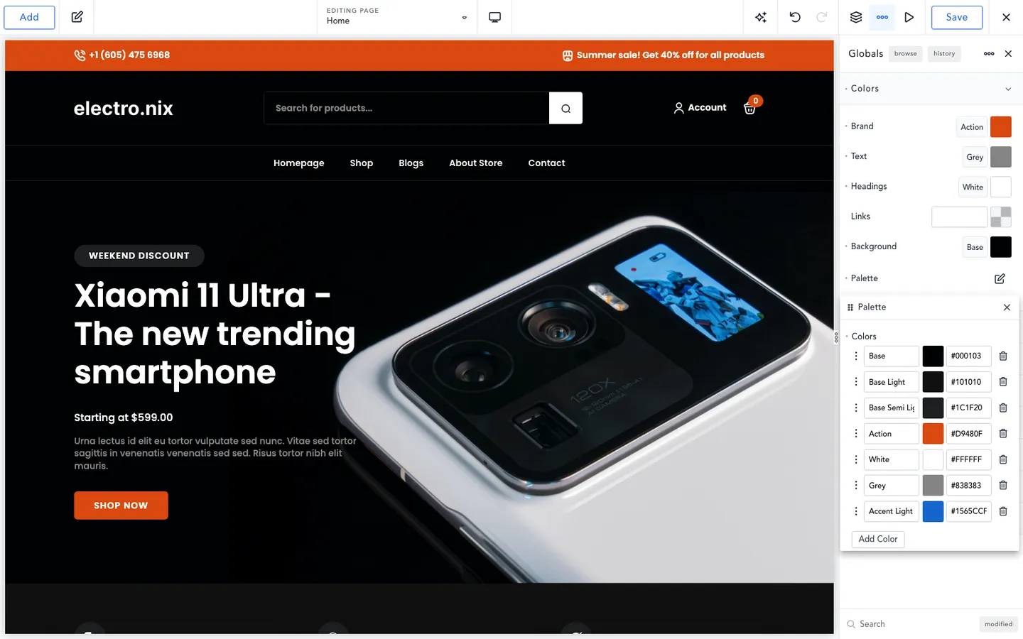 The Breakdance editor with the Globals panel open, the palette color Action changed to orange #D9480F, and the imported shop home page in the canvas showing an orange top bar, orange Shop Now button and orange cart badge