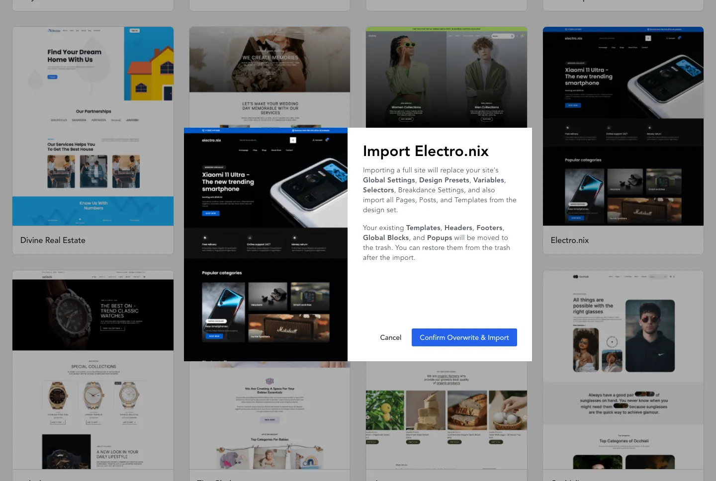 The Breakdance Design Library with an Import Electro.nix dialog open, warning that a full site import replaces Global Settings, Design Presets, Variables, Selectors and Breakdance Settings and moves existing Templates, Headers, Footers, Global Blocks and Popups to the trash, with Cancel and Confirm Overwrite and Import buttons