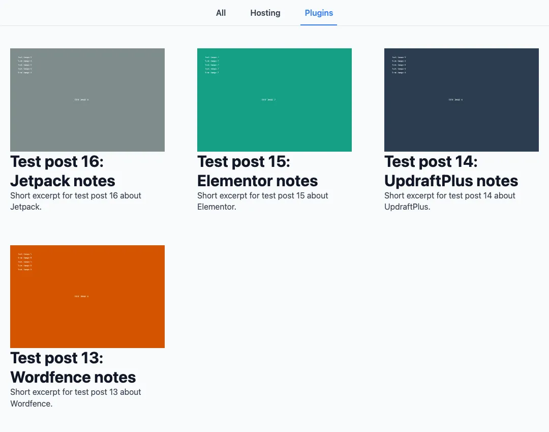 A grid of four test posts under a filter bar with All, Hosting and Plugins tabs, with Plugins selected, and no Themes tab