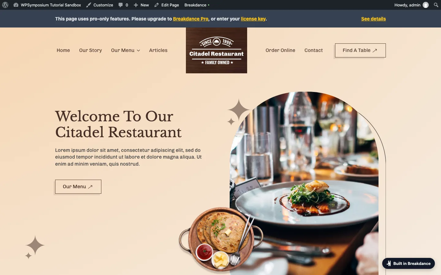 A restaurant home page on the Breakdance free plan with a grey admin notice reading This page uses pro-only features, please upgrade to Breakdance Pro, and a Built in Breakdance badge in the lower right corner