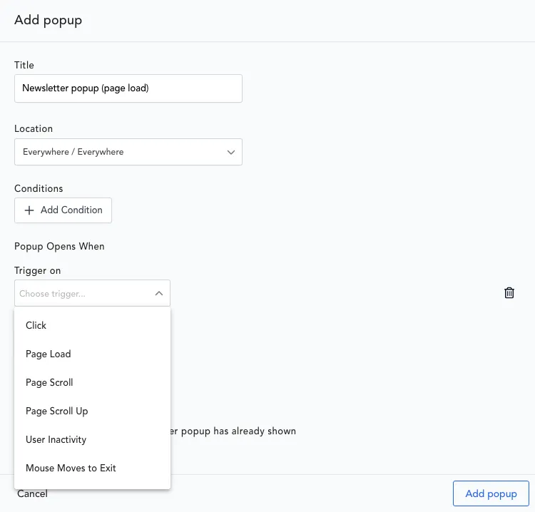 The Breakdance Add popup dialog with a title, a Location set to Everywhere, an Add Condition button, and the Trigger on list open showing Click, Page Load, Page Scroll, Page Scroll Up, User Inactivity and Mouse Moves to Exit
