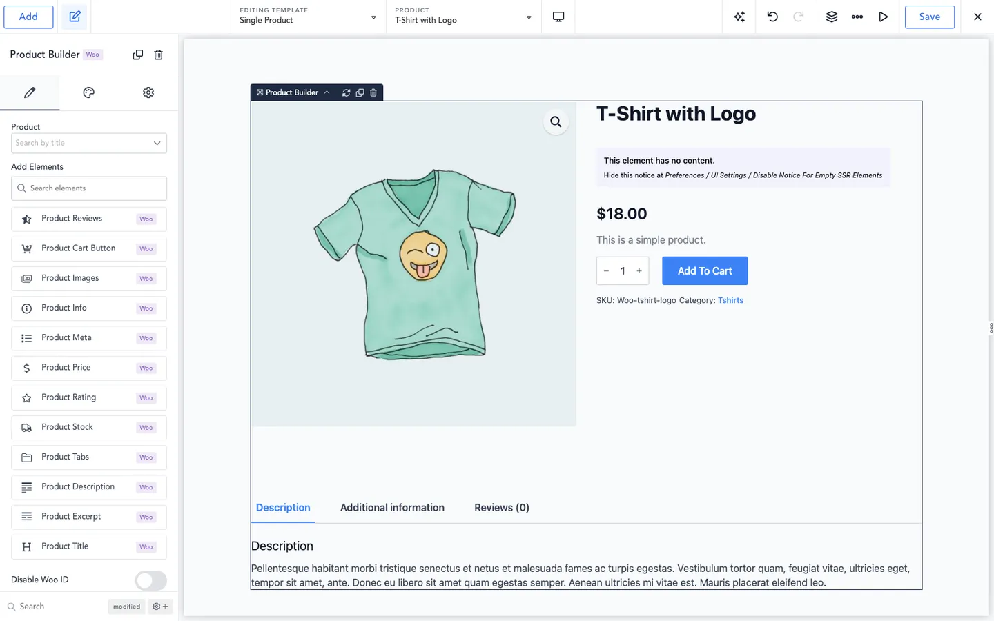 The Breakdance editor on a Single Product template with the Product Builder selected, its panel listing parts such as Product Reviews, Product Cart Button, Product Images, Product Price and Product Title, and a T-Shirt with Logo product shown in a two-column layout with an Add To Cart button