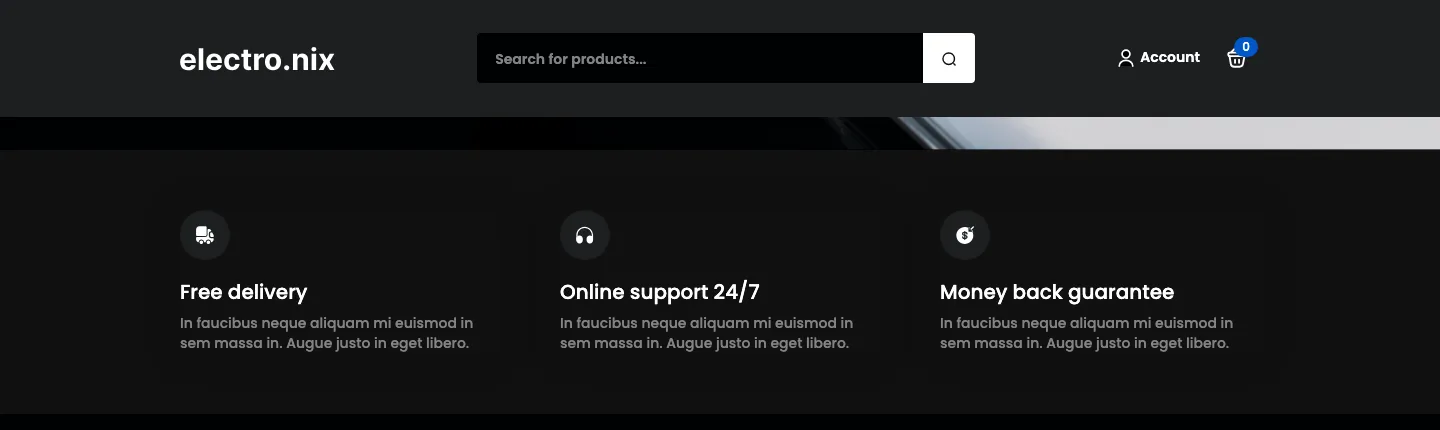 A dark sticky header bar with the electro.nix logo, a product search field, an Account link and a cart icon pinned to the top of the page after scrolling past the hero