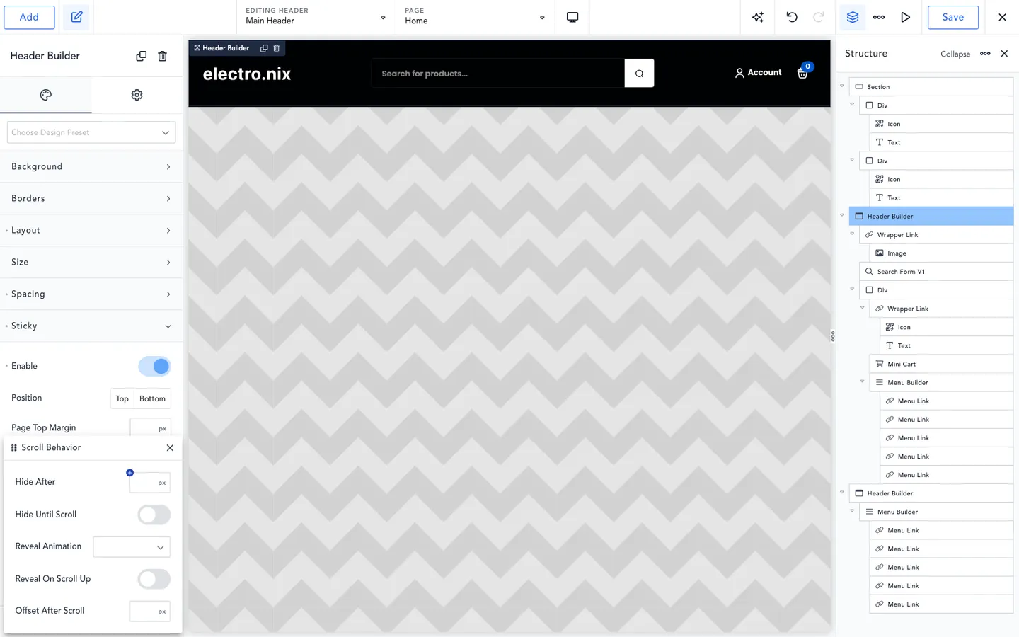The Breakdance Header Builder settings with Sticky enabled and the Scroll Behavior popover open, showing Hide After, Hide Until Scroll, Reveal Animation, Reveal On Scroll Up and Offset After Scroll, next to the header and a Structure panel listing the header rows