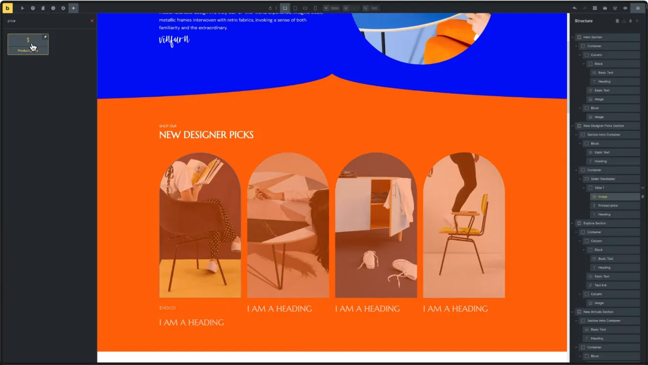 The Bricks Builder editor with the element search panel on the left, a furniture store page in the canvas, and the Structure panel listing sections, containers and elements on the right