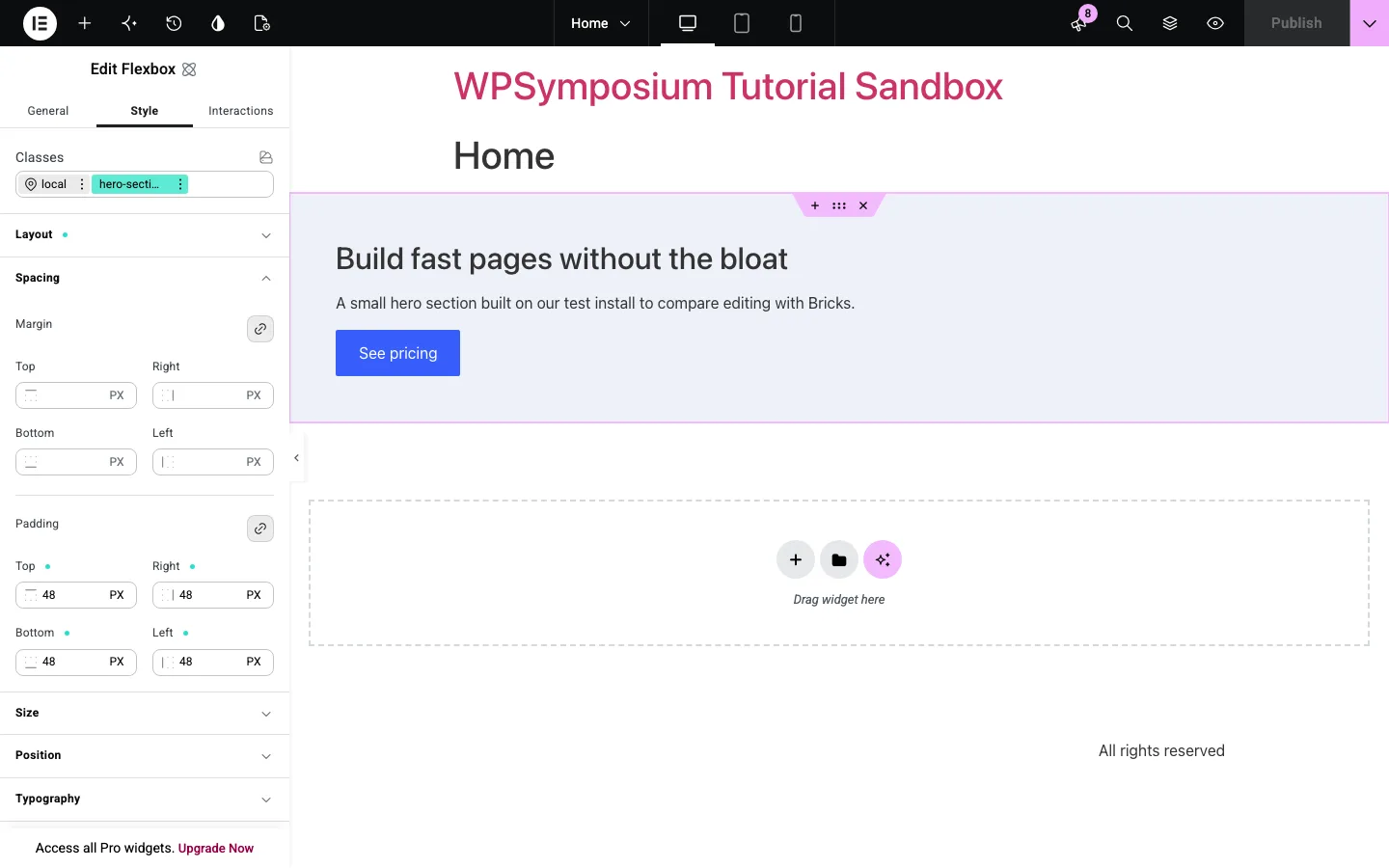 The Elementor 4.3.3 editor with a Flexbox selected, its Style tab showing a hero-section class and padding controls, and a hero section with a heading, paragraph and blue button in the canvas