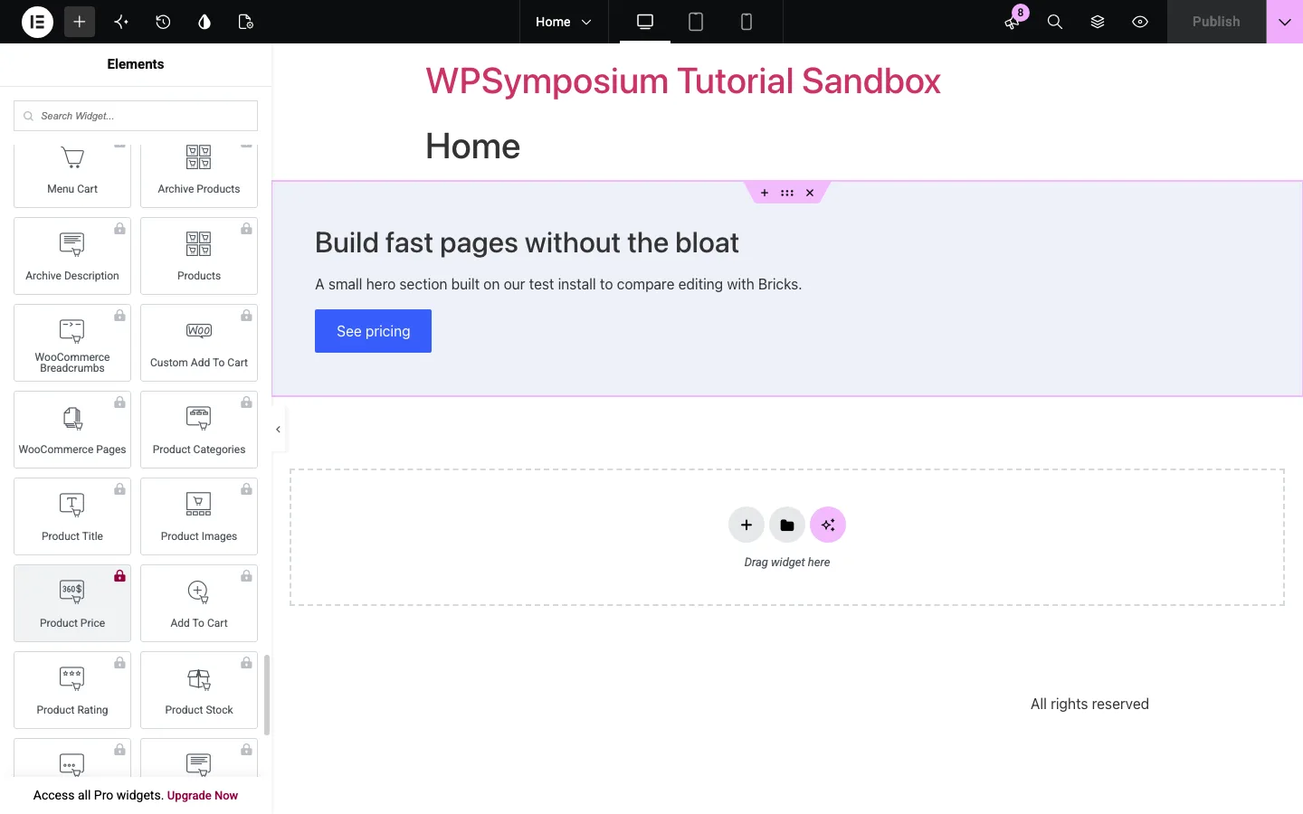 The free Elementor widget panel showing locked WooCommerce widgets such as Product Price, Add To Cart and Product Stock