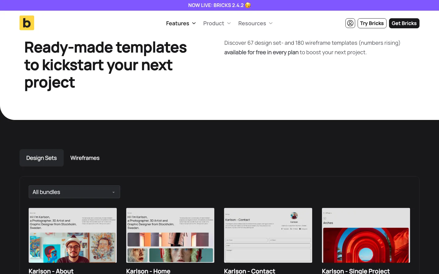The Bricks templates page showing the Karlson design set with About, Home, Contact and Single Project templates