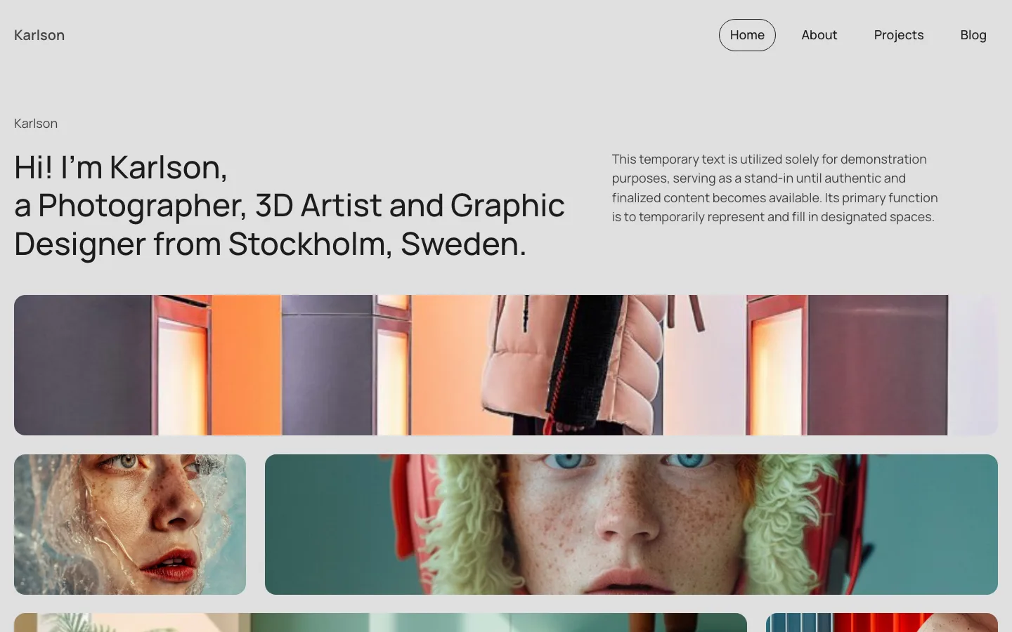 The Karlson portfolio demo by the Bricks team, with a large intro heading and a grid of photo cards