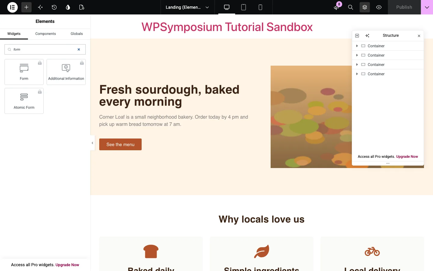 The free Elementor widget panel showing the Form, Additional Information and Atomic Form widgets with Pro lock icons