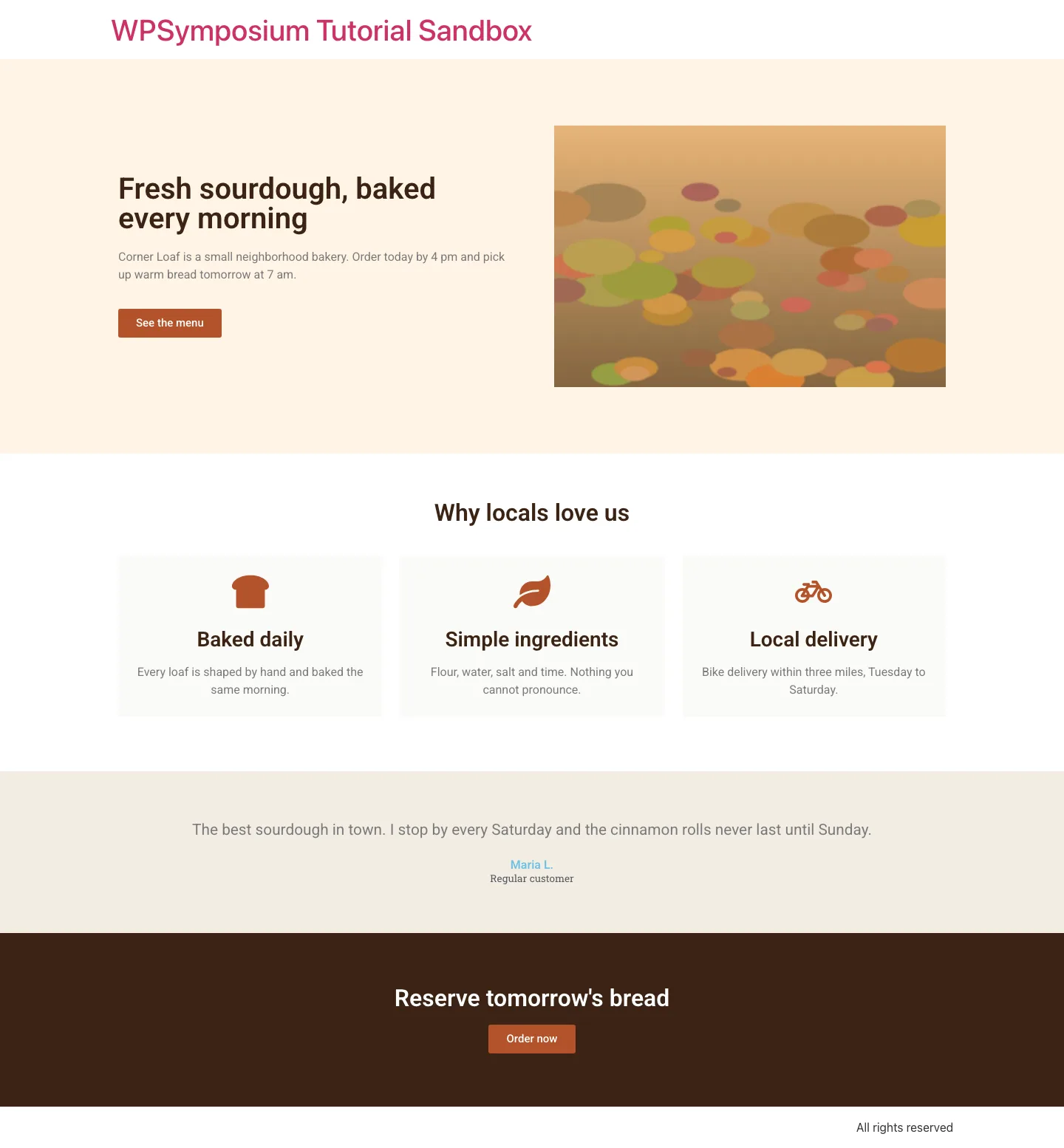 Our bakery landing page built in free Elementor 4.3.3, with a hero, three icon boxes, a testimonial and a dark call-to-action band