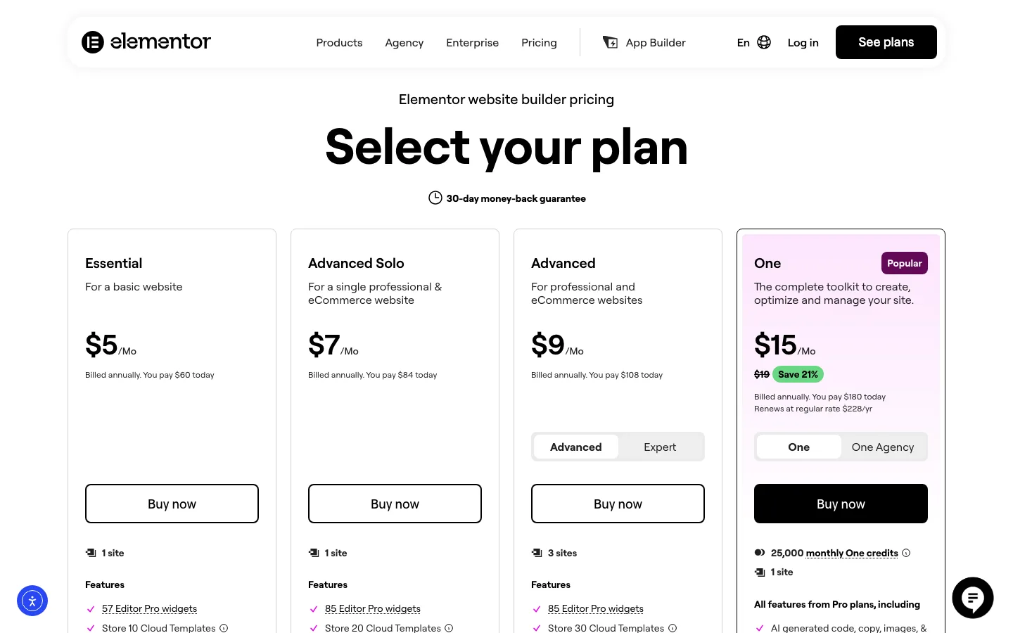 Elementor pricing: Essential $60 a year, Advanced Solo $84, Advanced $108 for 3 sites, and One at $180 for the first year