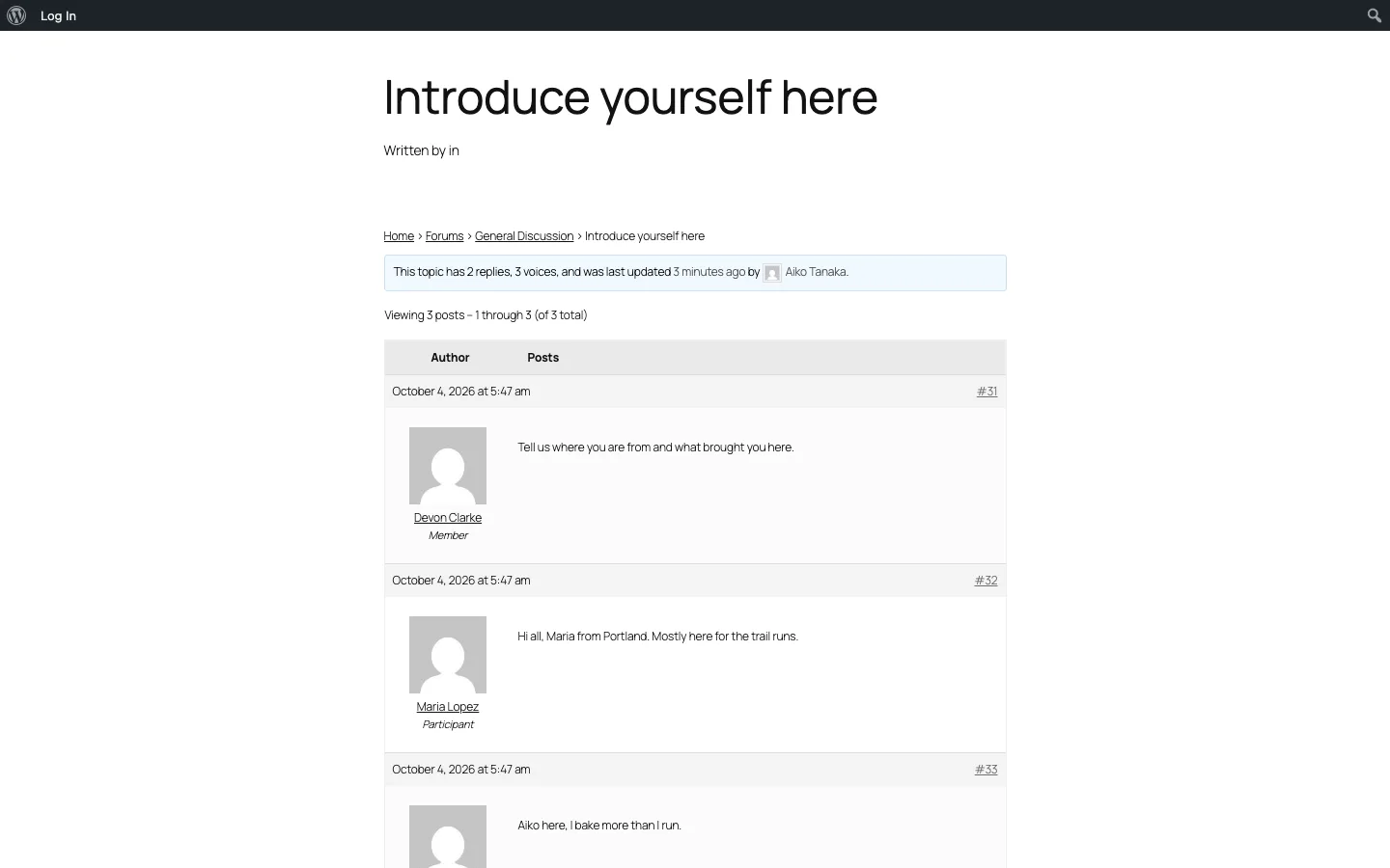 bbPress topic page showing a forum thread with replies from test members