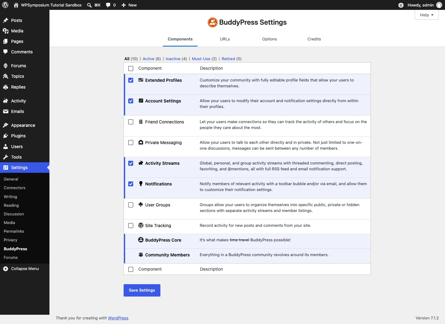 BuddyPress Components settings screen showing six active components on a fresh install