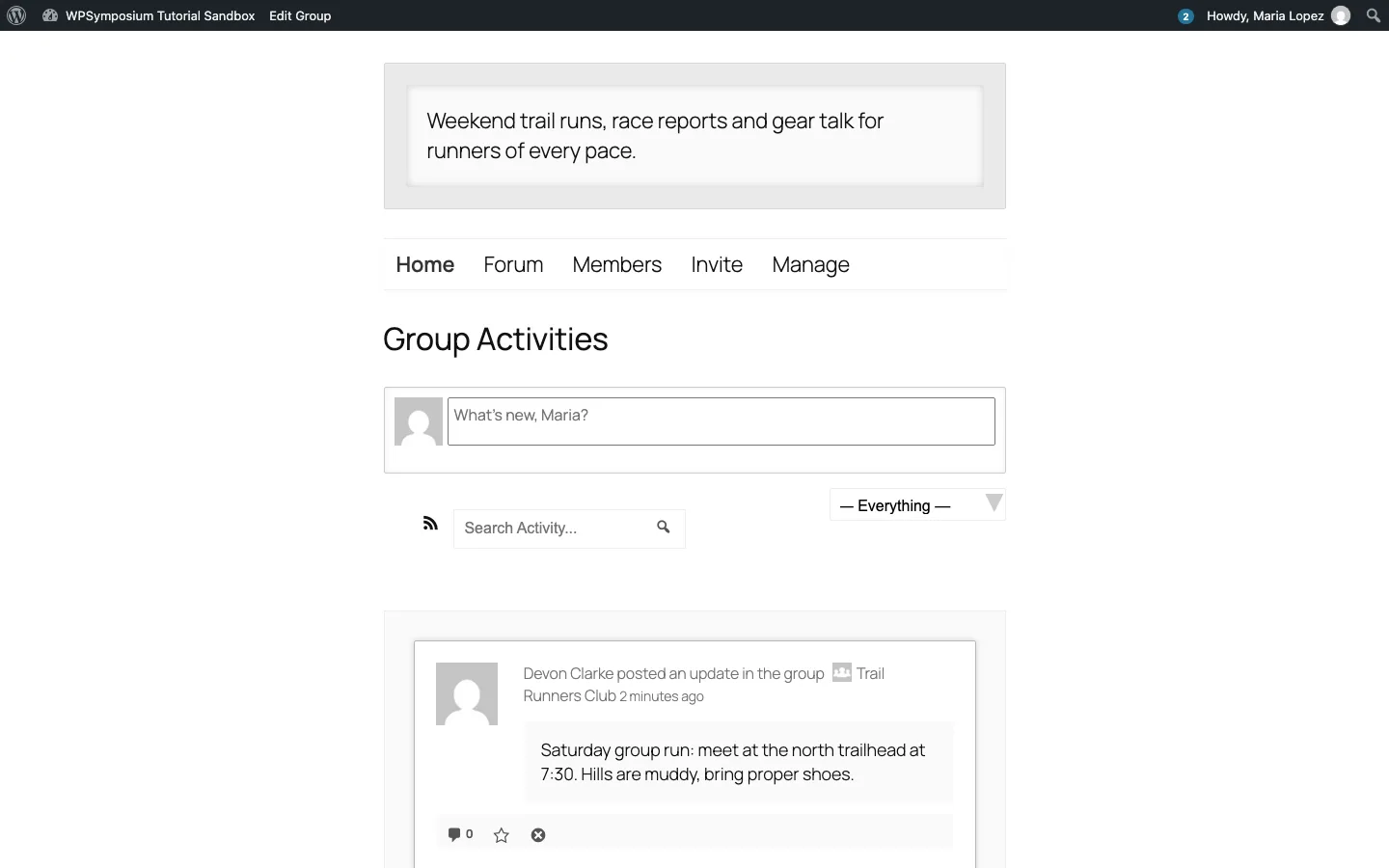 A BuddyPress group page showing the Home, Forum, Members, Invite and Manage tabs