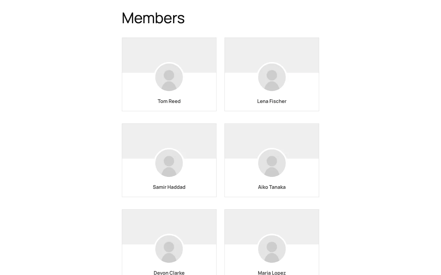 Ultimate Member grid member directory showing six test members