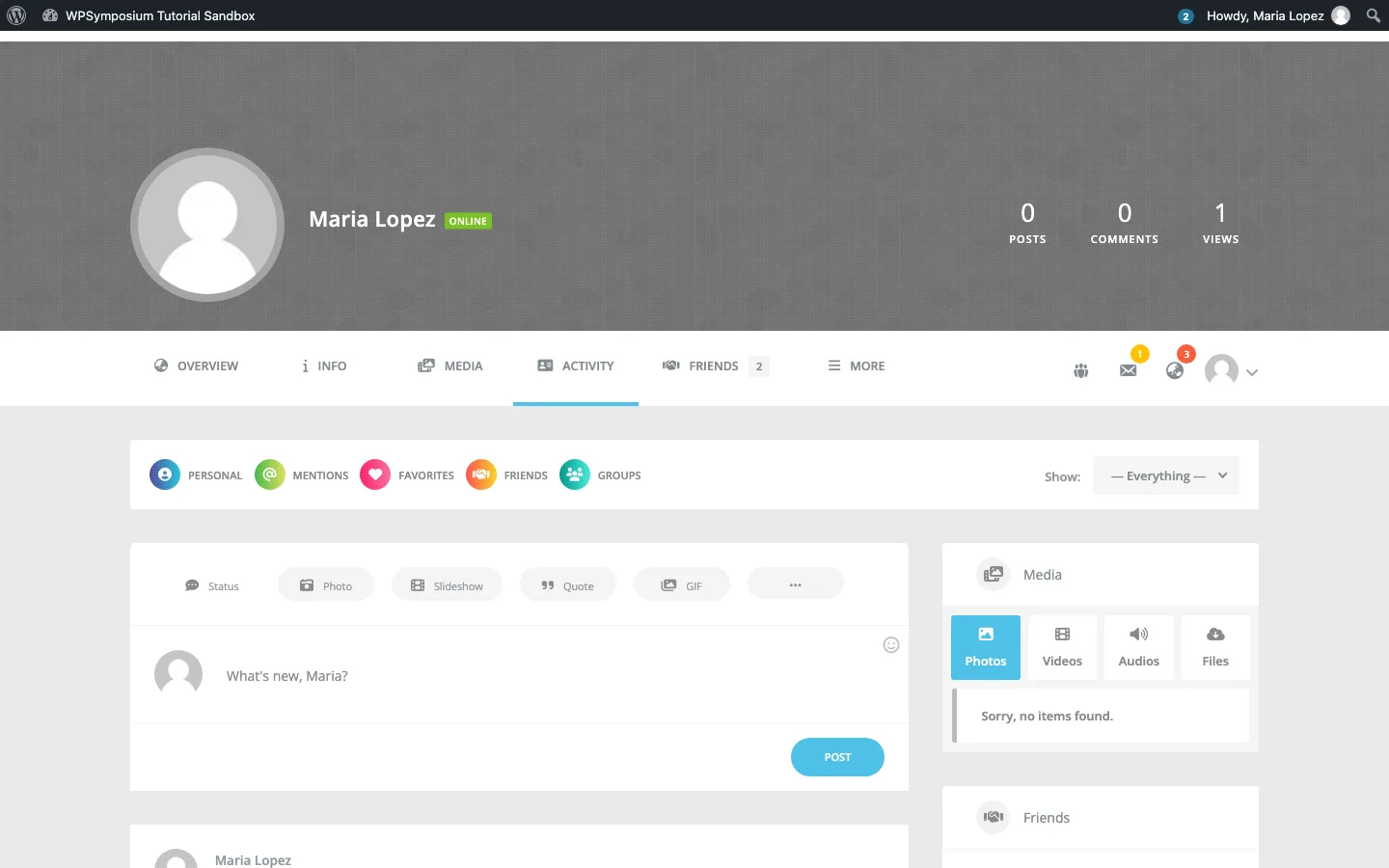 Youzify member profile with cover, stats, tabs, post box and media widget