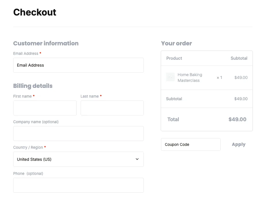 CartFlows checkout page with the Home Baking Masterclass product at $49 and a phone field labeled optional
