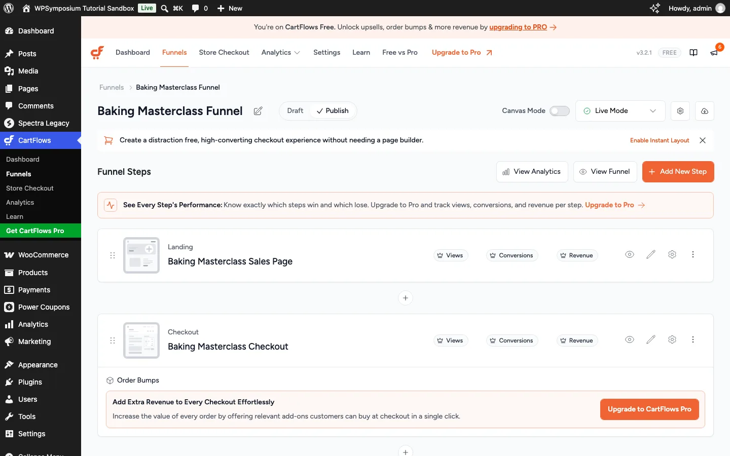 CartFlows funnel editor showing a landing page step and a checkout step with an order bumps upgrade prompt