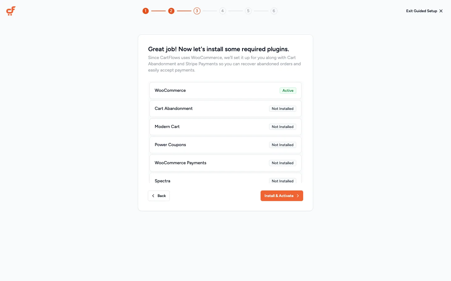CartFlows setup wizard step listing WooCommerce plus five extra plugins to install