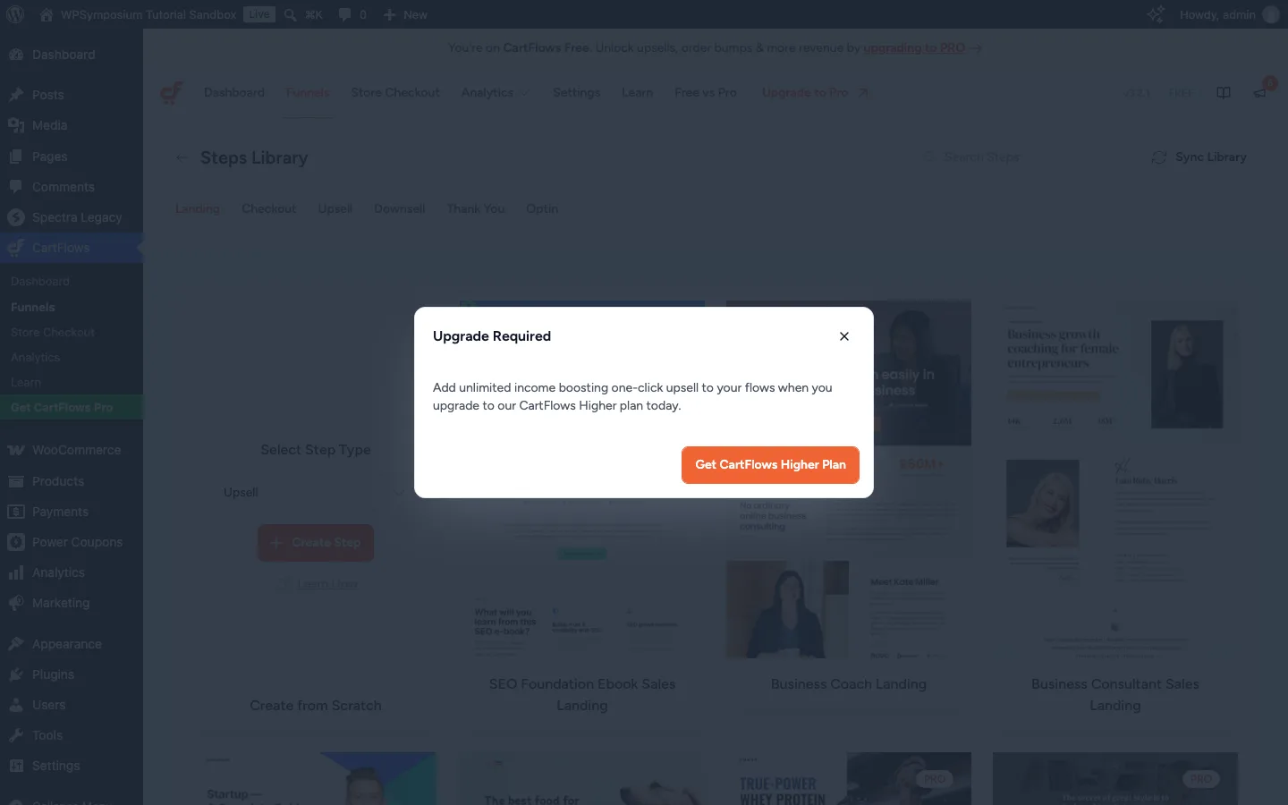 CartFlows Upgrade Required dialog shown after trying to add a one-click upsell step