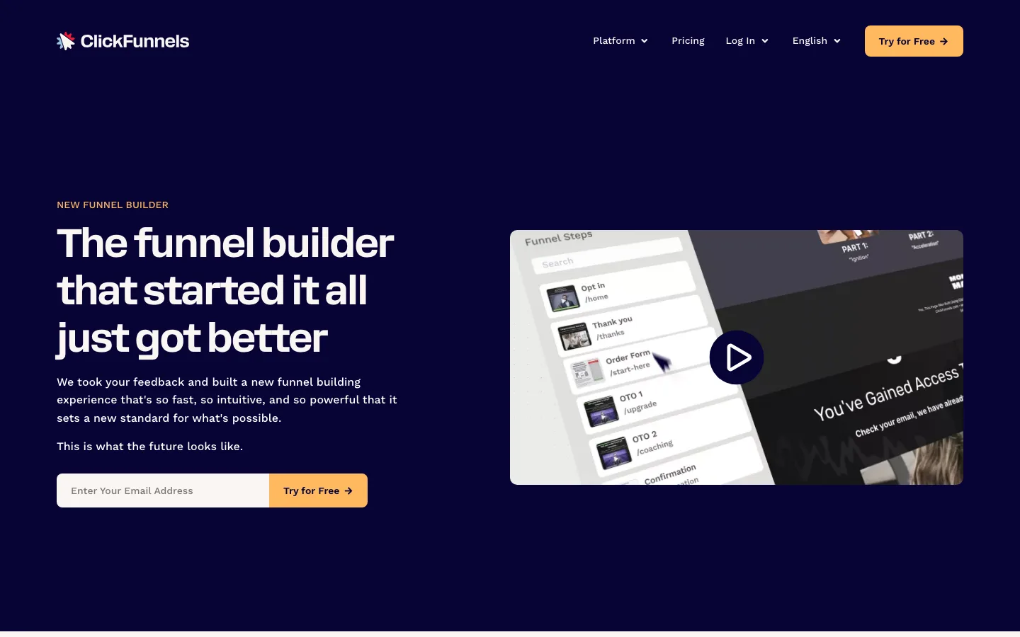ClickFunnels funnel builder feature page showing a list of funnel steps including opt-in, order form and upsell pages