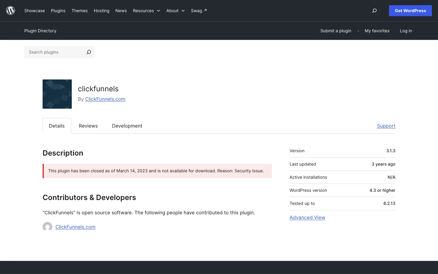WordPress.org listing for the ClickFunnels plugin showing it was closed on March 14, 2023 for a security issue