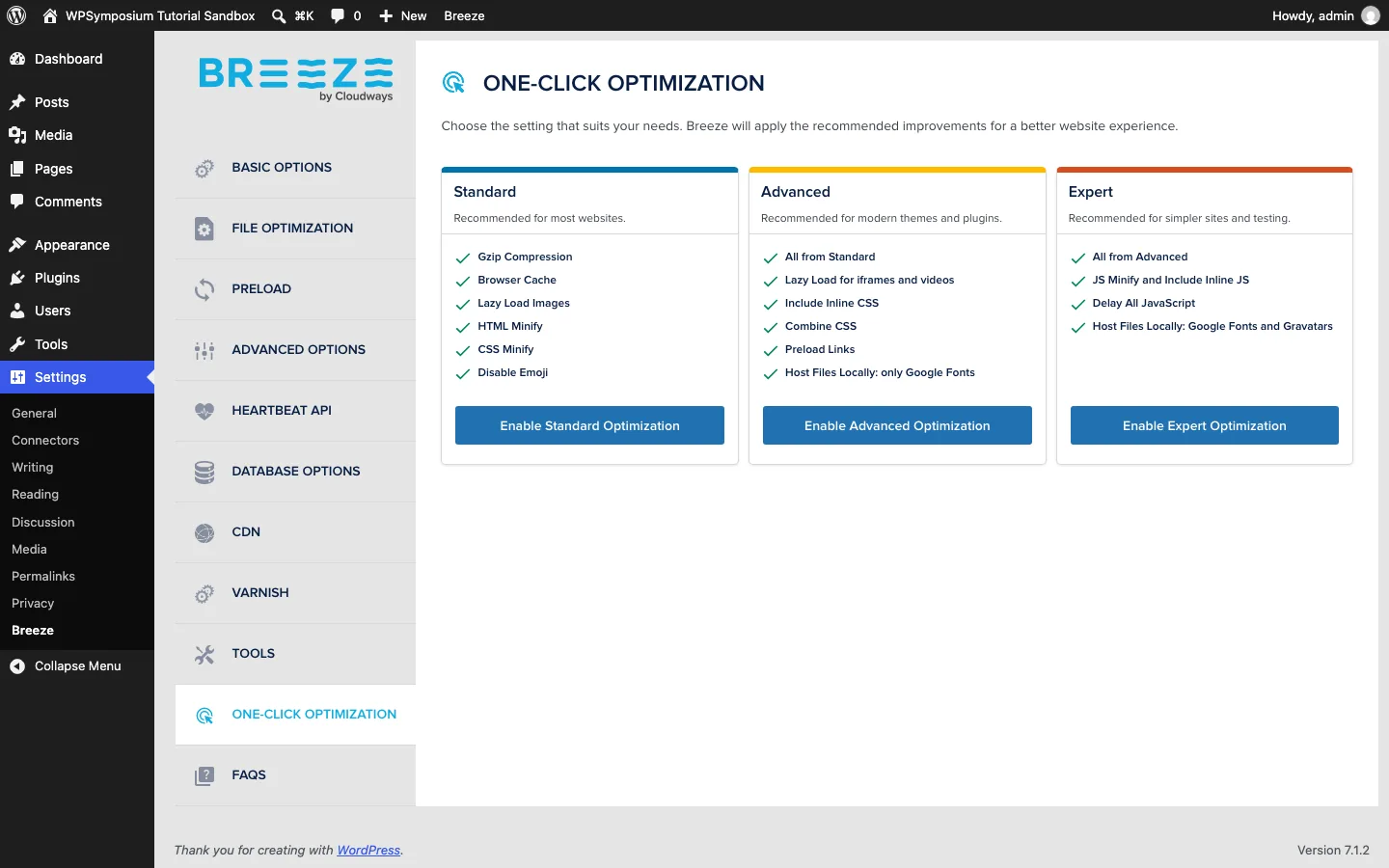 Breeze One-Click Optimization tab with Standard, Advanced and Expert presets