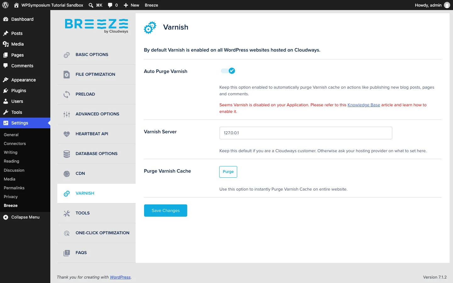 Breeze Varnish tab on a test install showing a red warning that Varnish is disabled