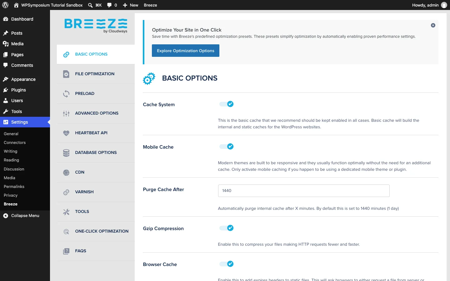 Breeze Basic Options screen on a test install with Cache System, Mobile Cache, Gzip Compression and Browser Cache switched on