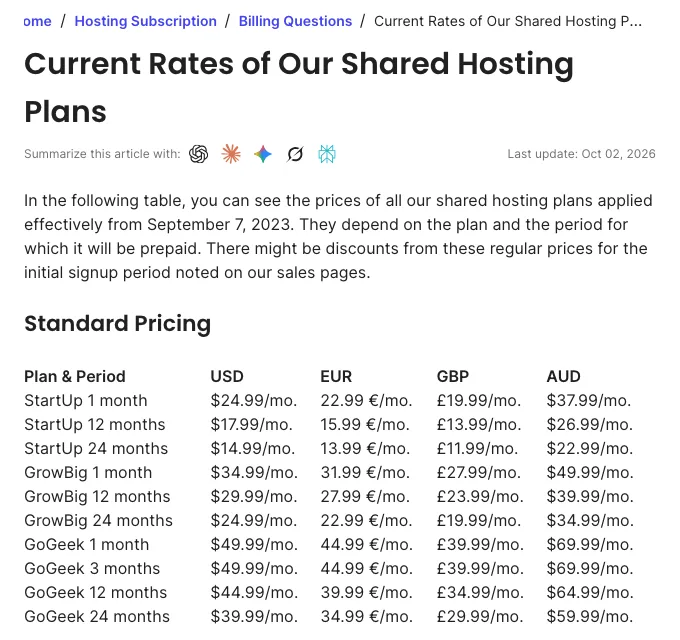 SiteGround knowledge base table of standard shared hosting rates by plan and billing period, last updated October 2, 2026