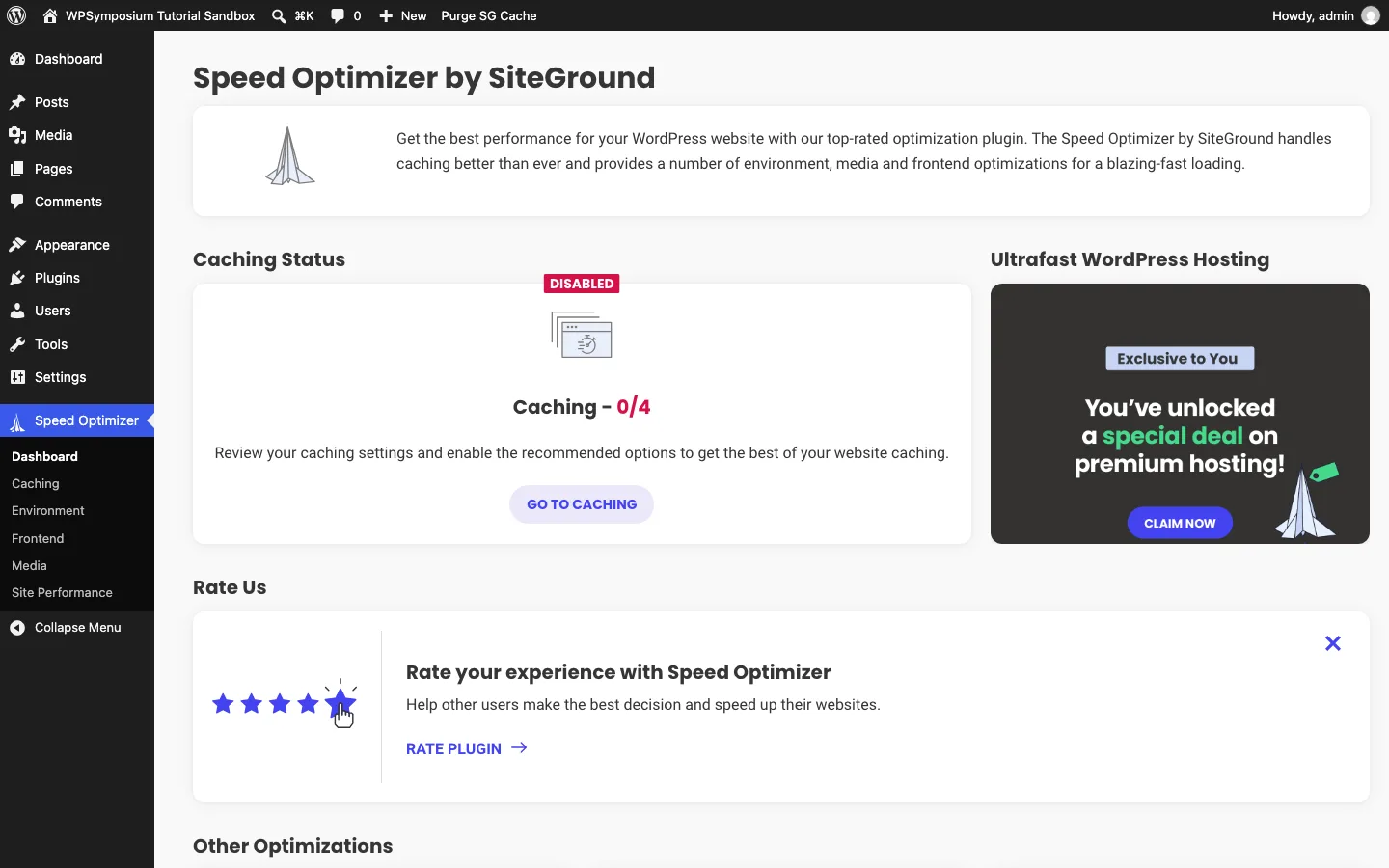 Speed Optimizer dashboard on a test install showing Caching Status Disabled, Caching 0/4, and a “special deal on premium hosting” box